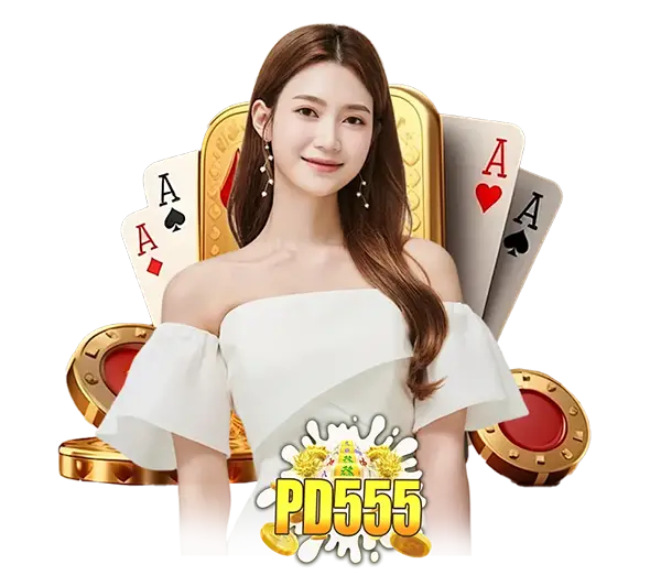 PD555 คาสิโนออนไลน์และสล็อตออนไลน์ ภาพผู้หญิงพร้อมไพ่และเหรียญทอง ลุ้นโบนัสใหญ่ เล่นง่าย ฝากถอนออโต้รวดเร็ว 24 ชั่วโมง