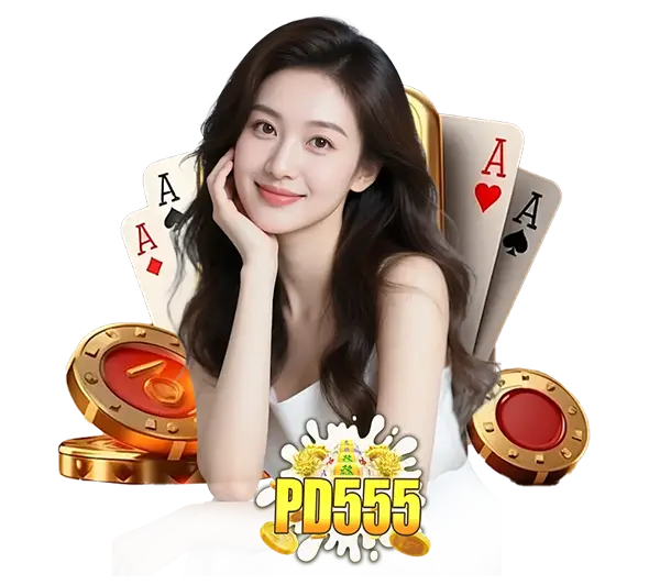 PD555 คาสิโนออนไลน์และสล็อตออนไลน์ ภาพผู้หญิงพร้อมไพ่และชิปคาสิโน ลุ้นโบนัสใหญ่ เล่นง่าย ฝากถอนออโต้รวดเร็ว 24 ชั่วโมง